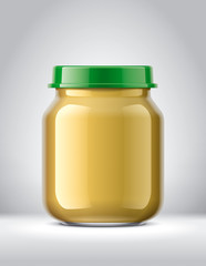 Jar for baby nutrition on background. Medium size