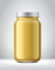 Jar for baby nutrition on background. Big size