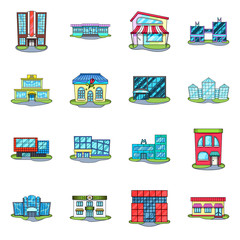 Vector illustration of supermarket and building icon. Collection of supermarket and city stock symbol for web.