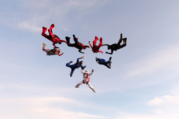 Formation skydiving. Skydivers are in the sky.