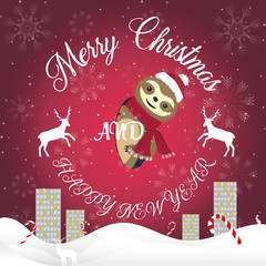 Cute sloth peeps out christmas card