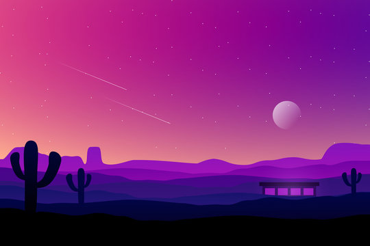 Abstract Desert Landscape With Purple Starry Night Sky Illustration