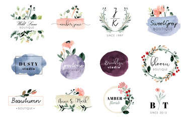 Fototapeta premade logo with floral and brush stroke watercolor collection obraz