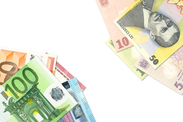 some romanian leu banknotes and euro banknotes indicating bilateral economic relations with copyspace