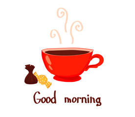 Hot drink and sweets on a white background. Vector illustration. 