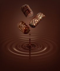 Melted liquid milk chocolate 3D splash, falling assorted milk chocolate praline candies isolated on choco background. Hot melt milk chocolate syrup cream, liquid chocolate whirl splash design element