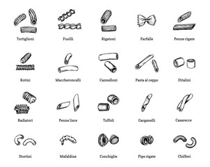 Vector illustration of short pastas. Set of drawn macaroni on dark background.