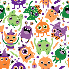 Cute and funny seamless vector pattern with silly Halloween monsters in purple, green and orange colors