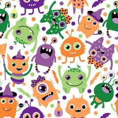 Fotobehang Cute and funny seamless vector pattern with silly Halloween monsters in purple, green and orange colors © dollitude