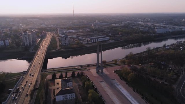 Memorial complex with monument Three Bayonets devoted to heroes of World War 2 and Great Patriotic War in Vitebsk, Belarus. Aerial view, drone footage