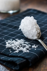 Maldon Sea Salt flakes in Jar with Spoon.