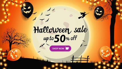 Halloween sale, up to 50% off, orange banner with halloween landscape on the background. Halloween background, night landscape with big yellow full moon, old trees and witches in the sky