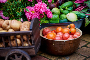 Decoratively arranged vegetables tomatoes, peppers, potatoes at the village festival