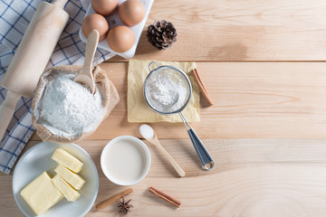 Ingredients and tools for homemade baking. Top view and Copy space.
