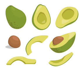 Avocado, fresh fruit vector illustration set. Whole, cut in half and slice. Vegan food vector, isolated on white background.