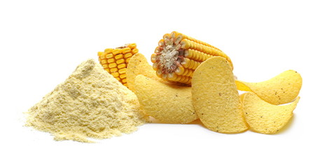 Corn tortilla chips with maize cob and corn flour isolated on white background
