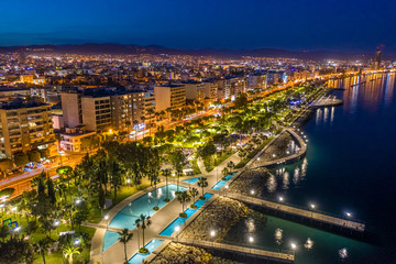 Limassol sea. Island of Cyprus. Night limassol. View of the promenade of Limassol city. Holidays in the Republic of Cyprus. The beaches of Limassol. Limassol marina. Tourism on the Mediterranean.