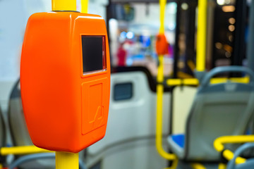 Contactless payment system. Orange validator. Bank transfer in public transport. Writing off money from the travel card. Collection of tolls. Payment by travel card. Public Electric Transport.