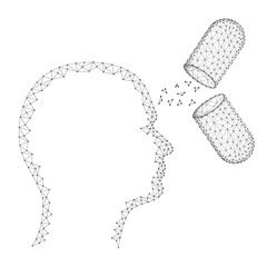 Head human and the substance of the open capsules pills existing medical concept from abstract futuristic polygonal black lines and dots. Vector illustration.