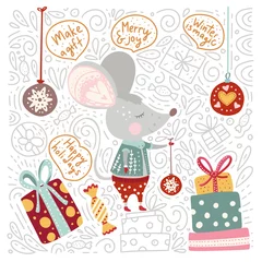 Fototapeten Christmas funny cartoon hand drawn mouse card in a flat and doodle style and quotes. Winter vector poster with cute New Year mice. © trihubova