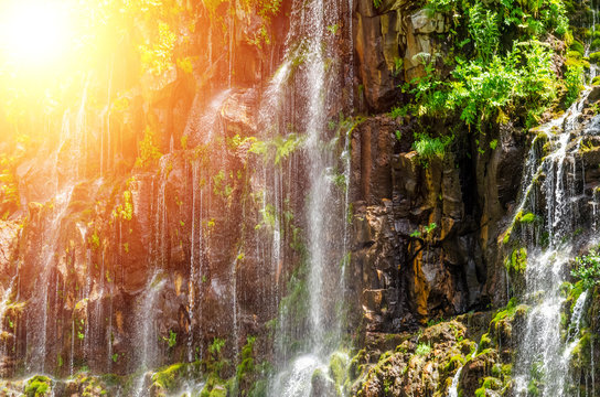 Dashbashi canyon, waterfalls in Tsalka region, Georgia on a summer Sunny day. photos with illumination
