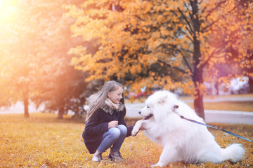 Lovely girl on a walk with a beautiful dog