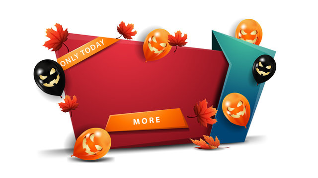 Halloween template, horizontal red template in cartoon style with Halloween balloons and button