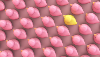 pink group of rubber ducks with one yellow