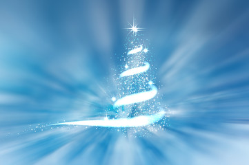Template for New Year project or Winter background. Christmas tree, blizzard, stars, snow,  sky, night, blue background.