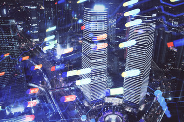 Data theme hologram drawing on city view with skyscrapers background multi exposure. Ai concept.