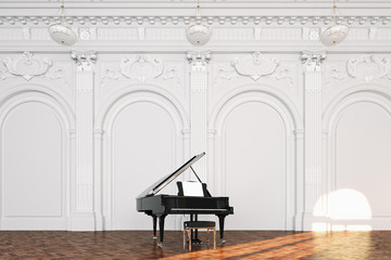 black grand piano in white classic interior 3d render