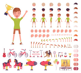 Fototapeta premium Boy child 7, 9 years old, school age kid construction set, schoolboy, active guy in summer wear, fun, activities creation elements to build your own design. Cartoon flat style infographic illustration