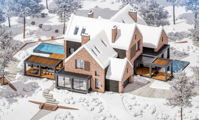 3d rendering of modern cozy clinker house on the ponds with garage and pool for sale or rent with beautiful landscaping on background. Cool winter day with shiny white snow.