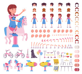 Girl child 7, 9 years old, school age kid construction set, active schoolgirl in summer wear, fun and activities creation elements to build your own design. Cartoon flat style infographic illustration