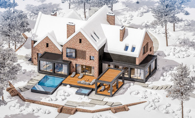 3d rendering of modern cozy clinker house on the ponds with garage and pool for sale or rent with beautiful landscaping on background. Cool winter day with shiny white snow.
