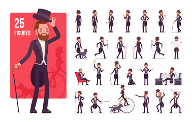 Gentleman, black tuxedo jacket character set. High social rank elegant man, fashionable dandy in classic suit and cylinder hat, retro image. Full length, different views, gestures, emotions and poses