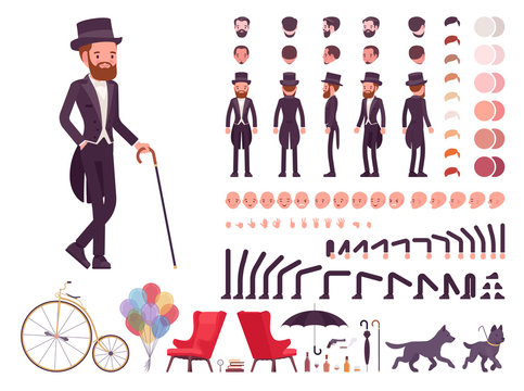 Gentleman In Black Tuxedo Jacket Construction Set, Fashionable Dandy Man In Classic Suit And Cylinder Hat Kit, Creation Elements To Build Your Own Design. Cartoon Flat Style Infographic Illustration