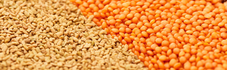 panoramic shot of cereals near red lentil