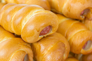 sausages baked in pastry in a fast food cafe