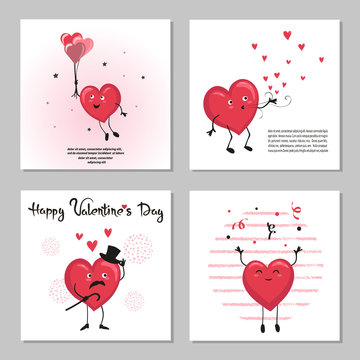 Set of Valentines day cards with cute cartoon hearts.
