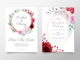 Wedding invitation cards template with watercolor flowers arrangements. Botanic decorative save the date, greeting, thank you, rsvp cards.