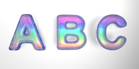 3D text of the letter a, b, c in the style of soap bubbles with a rainbow tint on a white background with shadow.
