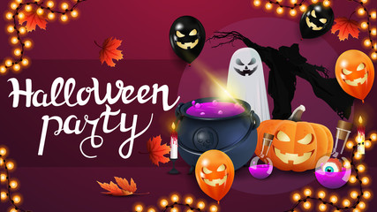 Halloween party, horizontal pink invitation poster with witch's cauldron, ghost, Scarecrow, pumpkin Jack, halloween balloons, autumn leafs and garland.