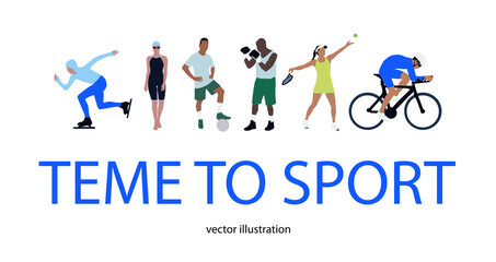 Isolated vector background of male and female athletes performing various sports activities. Skater, swimmer, footballer, boxer, tennis player, cyclist. Fitness and healthy lifestyle.