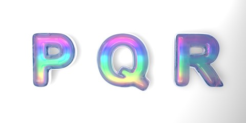 3D text of the letter p, q, r in the style of soap bubbles with a rainbow tint on a white background with shadow.