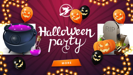Halloween party, horizontal pink invitation poster with halloween balloons, witch's cauldron, tombstone and pumpkin Jack