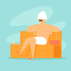 Man is sitting in the sauna. Flat design vector illustration.