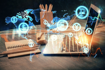 Double exposure of graph and financial info and work space with computer background. Concept of...