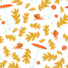 Obraz premium Beautiful vector seamless pattern of autumn leaves, snail and toadstools on white background. Forest, autumn, mushrooms, silence. Design for Wallpaper, textiles, paper.