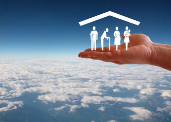 Weak social categories welfare concept with hand and roof on aerial sky view background